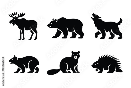 Six black silhouettes of forest animals moose bear