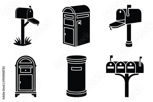 Six different black and white mailbox postbox letterbox