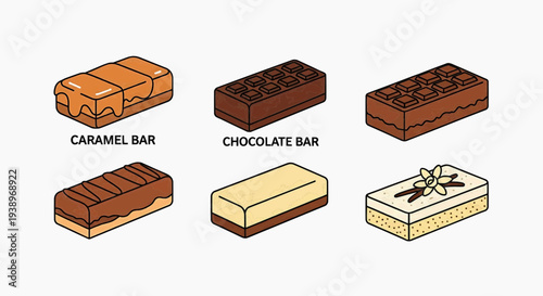 Assorted chocolate bars and caramel treats are displayed on a table indoors