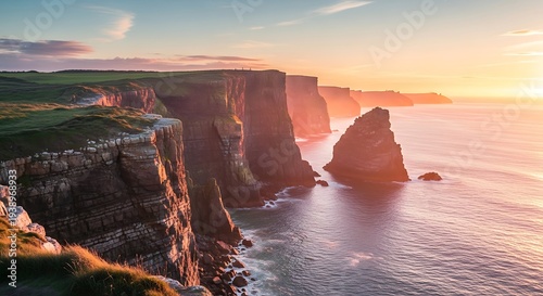 Cliffs by the sea at sunset.