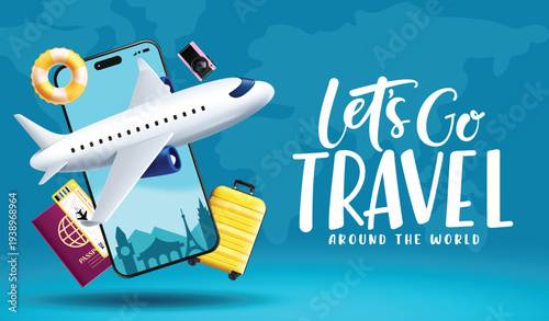 Let's go travel clipart banner template. Let's go Travel around the world text clip art with airplane, luggage bag and other elements in blue map background for holiday vacation trip and tour 