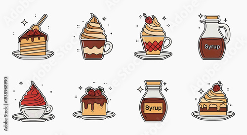 A vibrant illustration of assorted sweet treats on plates and in cups and a jug indoors