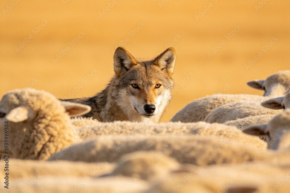 Obraz premium Wolf among sheep in golden field