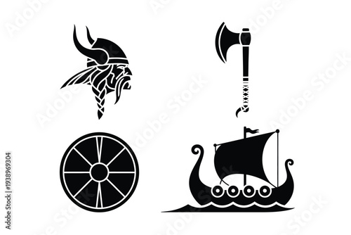 Viking helmet axe ship and wheel