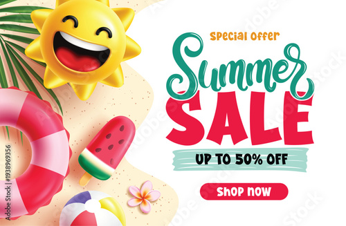 Summer Sale clipart banner design. Summer Sale special offer discount clip art with summer elements in white sand abstract background for holiday season flier and advertisement poster template vector 