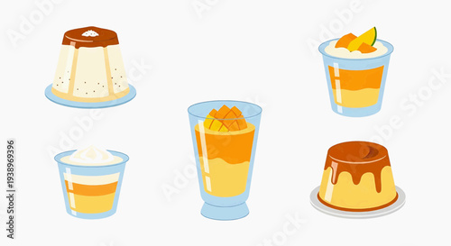 A set of six dessert cups filled with creamy treats on plates