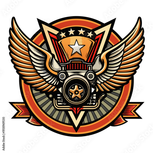 Vintage Motorcycle Emblem with Wings, Stars, and Ribbon Detail in Orange and Red
