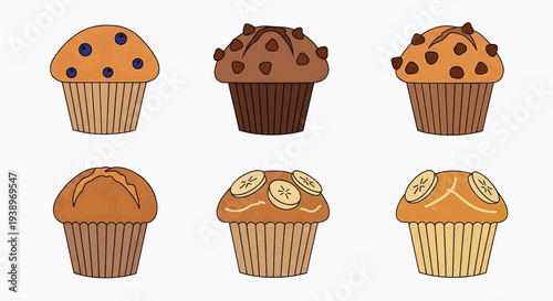 Six muffins with various toppings are arranged on a surface