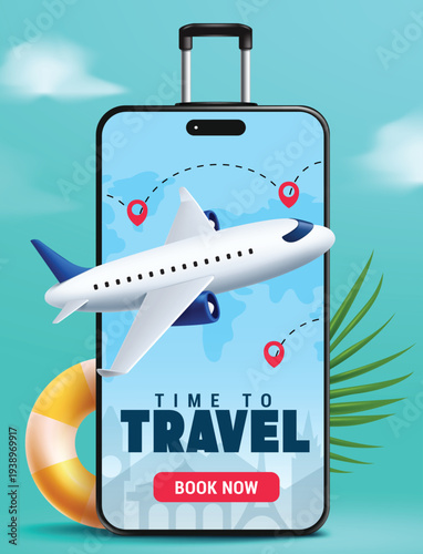 Travel booking promo clipart poster design. Time to travel text clip art with Travel Sale business trip discount in mobile phone luggage bag design with airplane for international flight advertising 