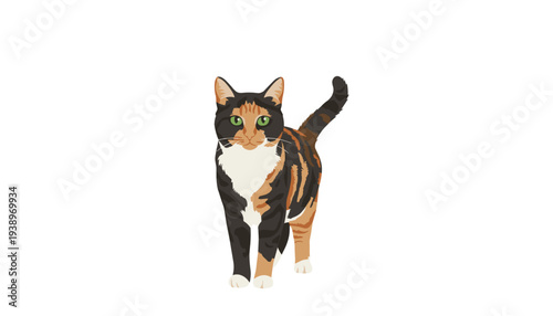 Elegant cartoon calico cat walking gracefully forward, featuring distinct orange, black, and white fur, isolated vector illustration.