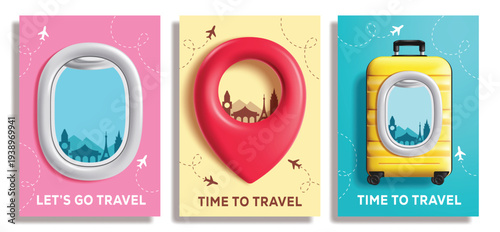 Travel Time clipart poster set design. Let's go Travel and Time to Travel text clip art with airplane window, location pin and luggage bag traveler elements in colorful background for vacation holiday