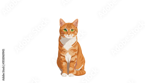 Charming cartoon orange and white cat with striking green eyes sitting calmly, isolated on a clean white background, vector illustration.