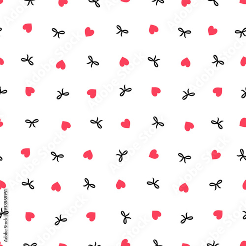 Seamless pattern with red hearts and black bows on white background, Valentine romantic repeat print