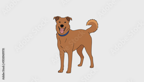 Friendly cartoon brown dog standing tall with a blue collar, a loyal pet vector illustration on a clean grey background.