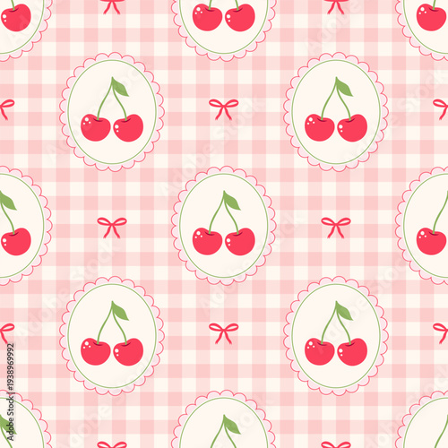 Seamless pattern with cherries in scalloped frames and ribbons on pink gingham. Cute aesthetic for nursery and textiles.