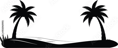 Black silhouette of two palm trees on a small island