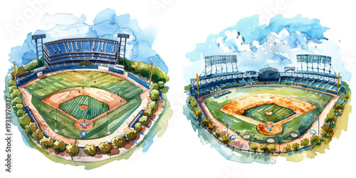 baseball stadium watercolor vector illustration