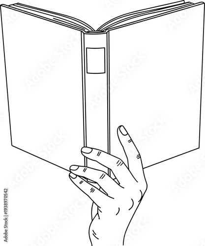 Hand holding open book vector line art illustration for education reading literature library learning study school and publishing industry graphic design.