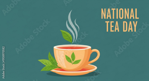 Steaming tea cup with leaves on national tea day against a green background