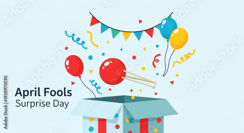 Colorful april fools' day celebration with surprise gift box balloons and confetti