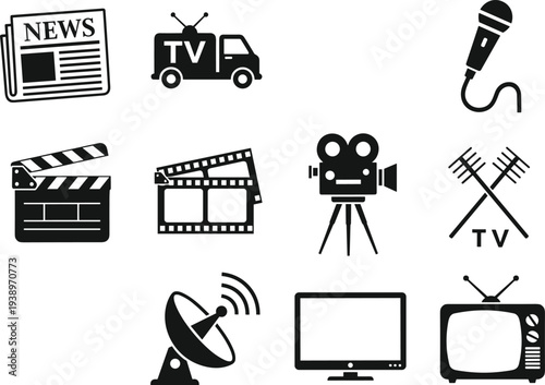 Media and broadcasting icons set vector illustration including news television cinema film camera microphone satellite and video production equipment symbols collection