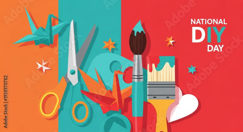 National diy day illustration with paintbrush scissors and origami on colorful background