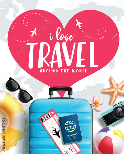 Travel clipart poster design. I love Travel around the world text in heart shape clip art with summer and traveler elements in map background for vacation trip and international tour vector 