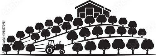 Agricultural farm with barn, orchard trees, and tractor working on field vector illustration vector illustration