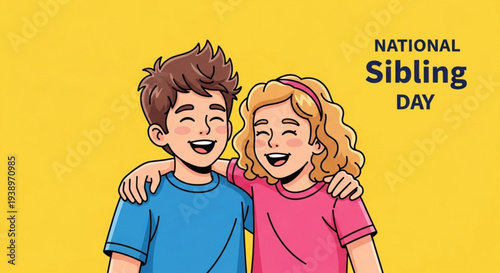 Smiling siblings in blue and pink shirts celebrate national sibling day with arms around each other on yellow background