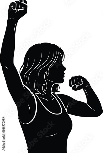 Strong woman silhouette raising fist for empowerment and equality vector illustration of female power success protest activism and physical fitness
