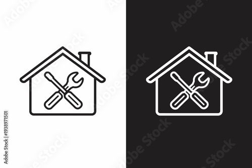 House with crossed wrench and screwdriver icon set