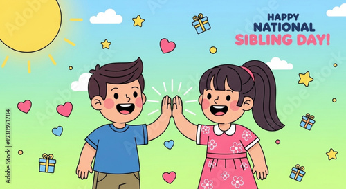 Happy national sibling day brother and sister high fiving in a sunny green field with gifts and hearts