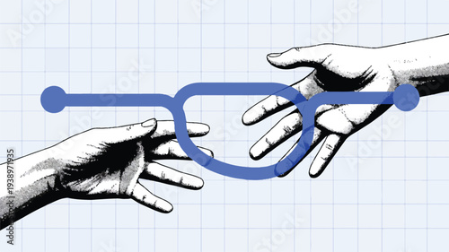 Two hands reaching for a blue line with circular nodes