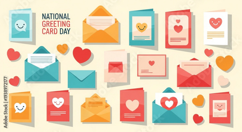Colorful greeting cards and envelopes with hearts for national greeting card day on a beige background