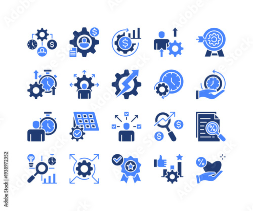 Resource Efficiency Icon Collection,  featuring Asset Utilization, Resource Efficiency, Productivity Capacity, Optimization Method, Agile Process, Evaluation System, Business Practice.