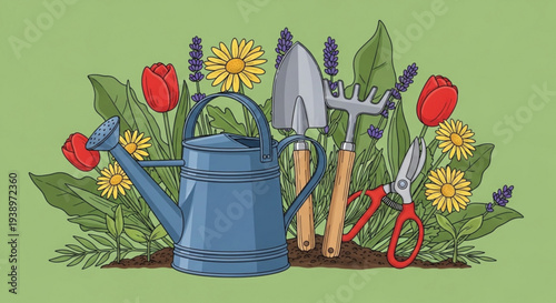 Gardening tools and flowers including a watering can trowel pruners and colorful blooms like tulips dandelions and lavender arranged in soil on a green background