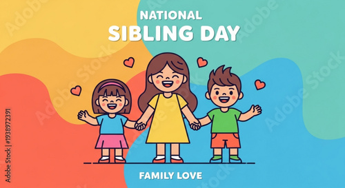 National sibling day cartoon illustration of happy children holding hands