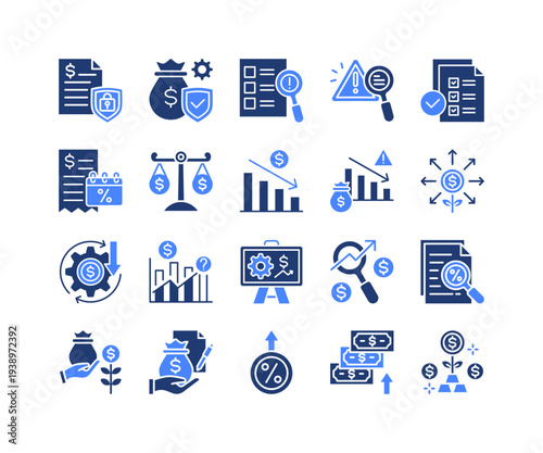 Financial Security Icon Collection,  featuring Financial Security, Tax Audit, Operational Loss, Loan Interest, Risk Control, Yield Return, Investment Analysis.
