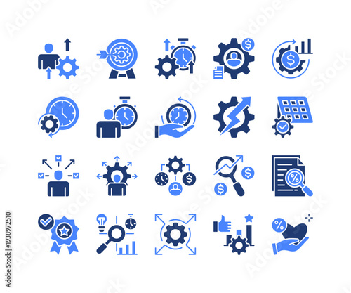Business Performance Icon Collection,  featuring Productivity, Utilization, Time Efficiency, Scheduling, Multitasking, Capacity, Best Practice.