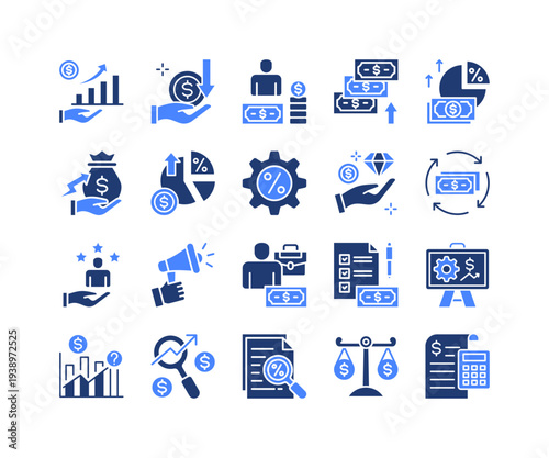 Revenue Management Icon Collection,  featuring Profit Growth, Client Marketing, Businessman, Financial Projection, Balance Sheet, Accounting System, Transaction Flow.