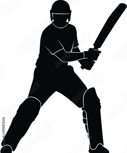 Cricket batsman silhouette action pose with helmet and bat in studio lighting sports