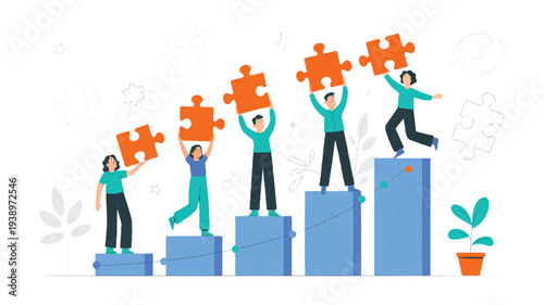 People collaborating and lifting puzzle pieces representing teamwork and success