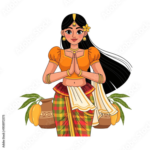 Sri Lankan Woman in Traditional Attire Performing Ayubowan Greeting with Mangoes and Clay Pots for Sinhala and Tamil New Year Celebrations Vector Illustration