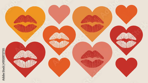 A collection of heart shapes featuring kiss imprints in various shades