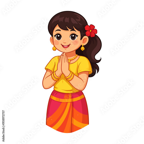 Cute Cartoon Sri Lankan Girl in Traditional Attire Performing Ayubowan Greeting for Sinhala and Tamil New Year Celebrations