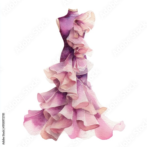 Elegant lilac gown with flowing ruffles and delicate watercolor details