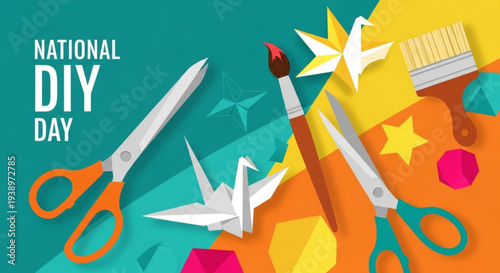 National diy day celebration with crafting tools and supplies on colorful background