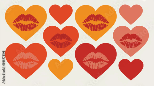 Repeating pattern of hearts with lipstick kiss prints in varying shades