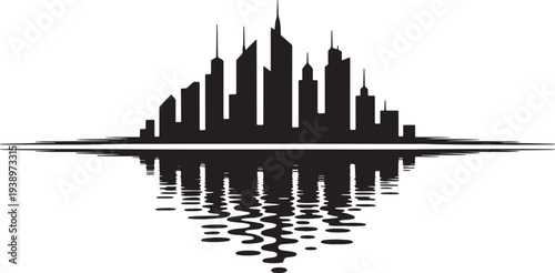 City skyline silhouette with water reflection showing modern skyscraper buildings on waterfront harbor vector illustration