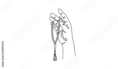 Minimal continuous line art hand with tasbih Islamic prayer Ramadan Kareem concept vector